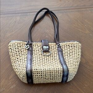 Brighton Woven Basket Tote w/ Bronze Leather Trim Opal Silver Hardware 6 Pockets